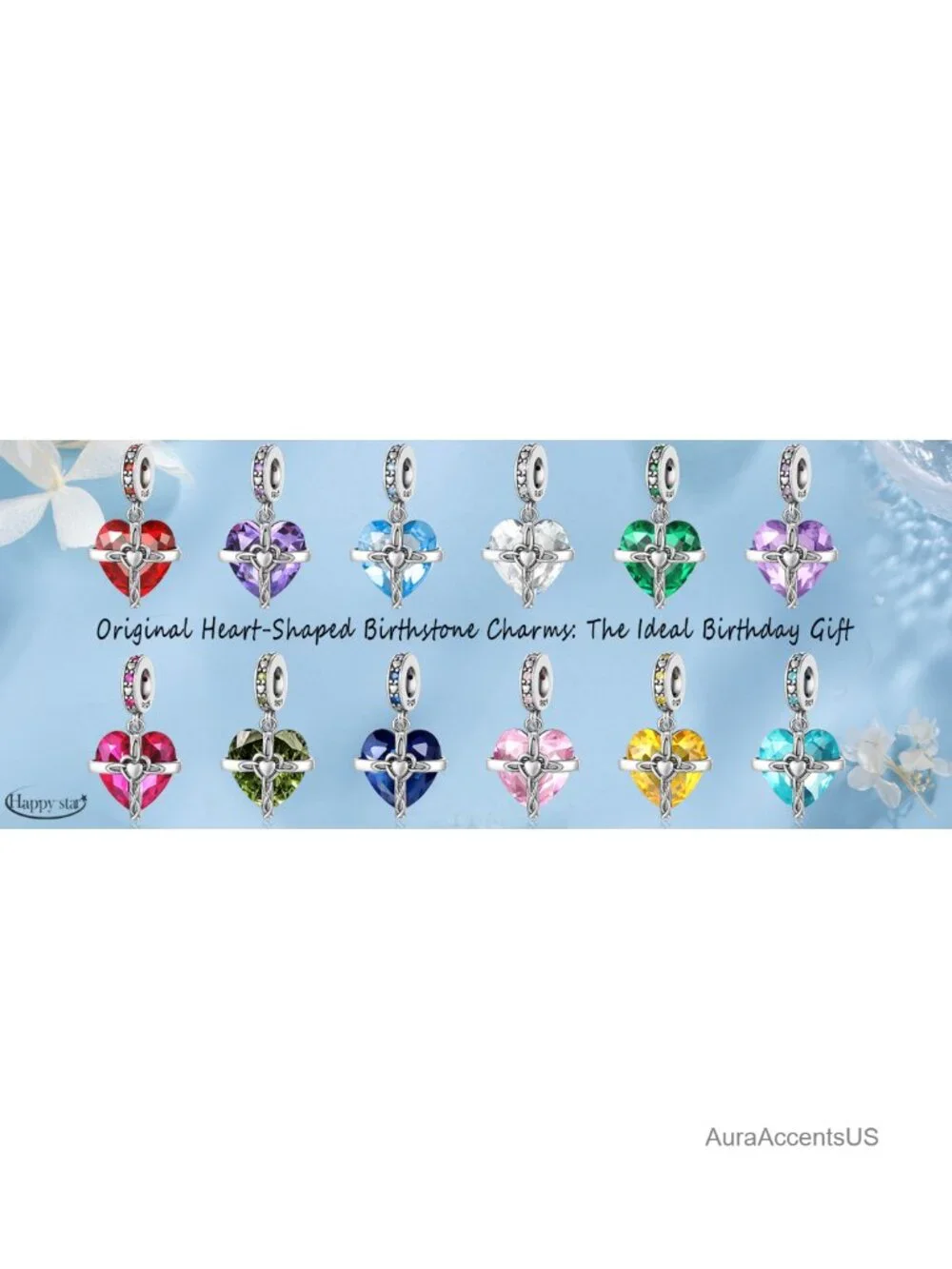 Sterling Silver Birthstone Charms Heart Cross Dangle Bead Pendant for Charm